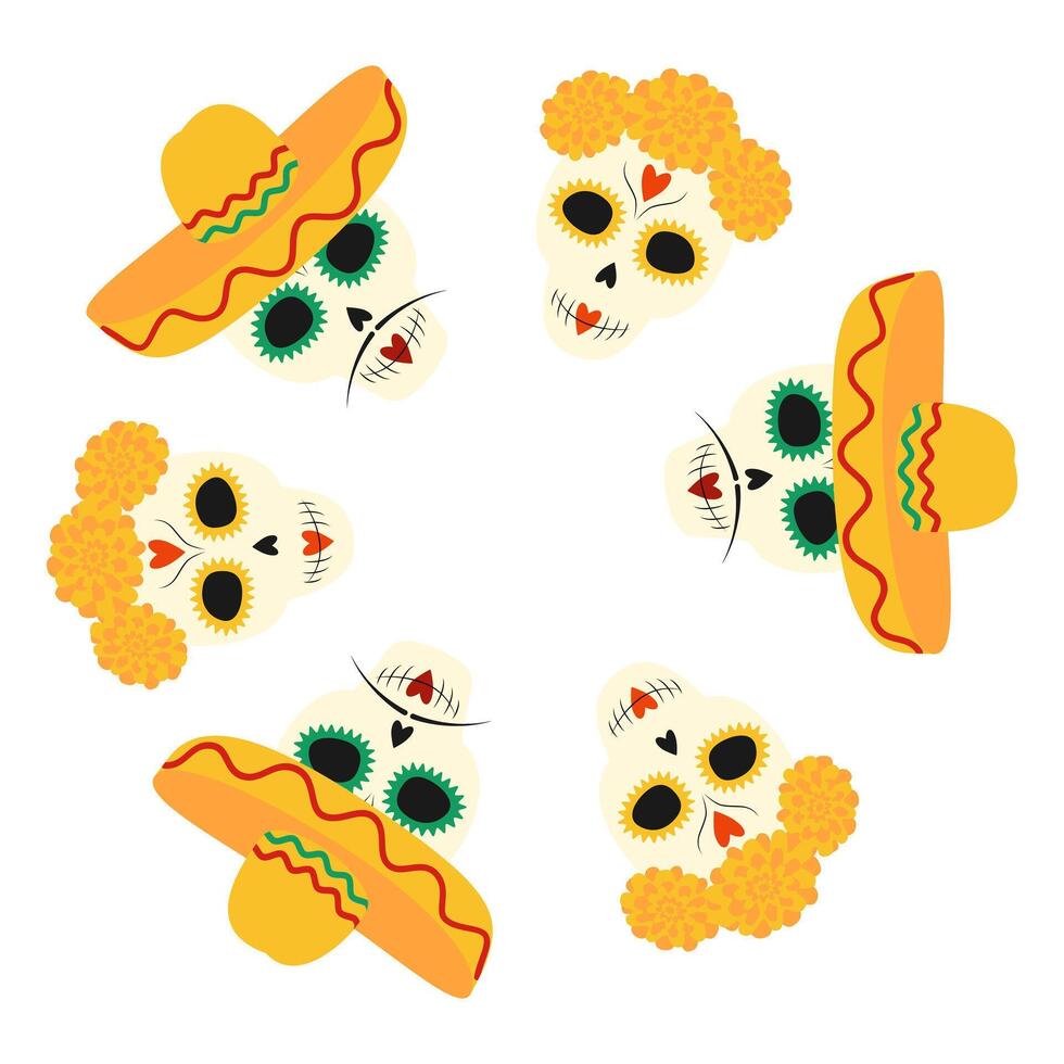 Painted Skulls in sombrero with mustache and marigolds wreath Circle Frame Day of the dead template. Isolated illustration Thematic greeting or invitation cards or web promo leaflets, banner vector