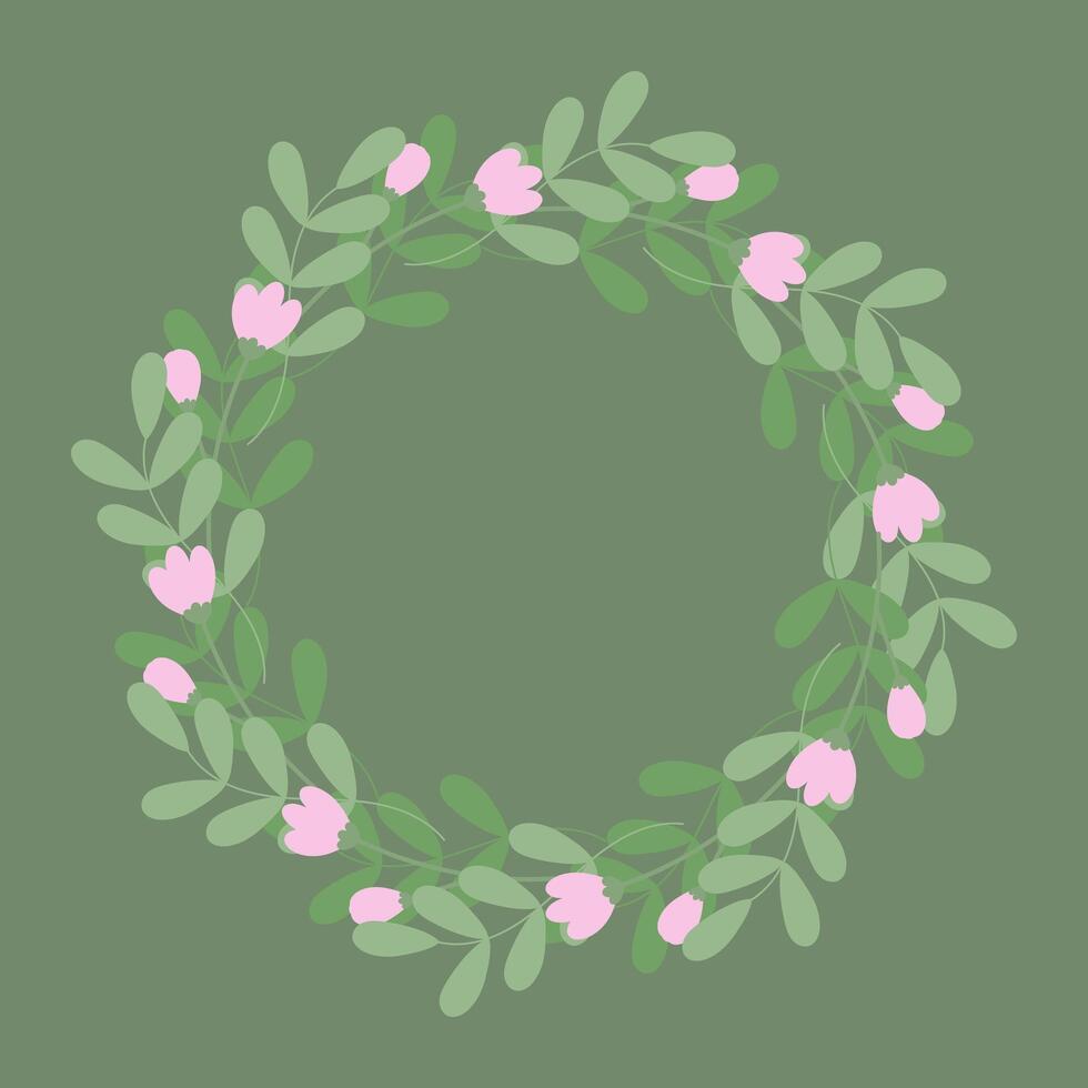 Blossom twigs and spring leaves Circle Frame border on trendy soft green shades. Copy space Template. Isolated illustration Thematic cards, posting, blogging or web promo banner, leaflet, label vector