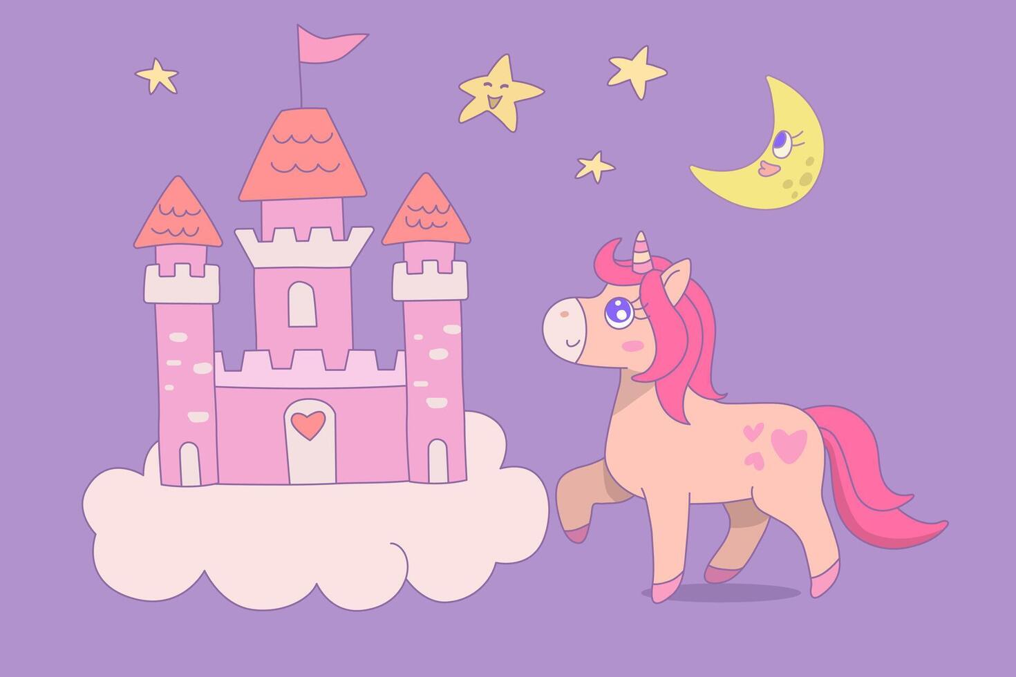 Cute unicorn with castle and stars, Cartoon fantasy style, Unicorn hand drawn doodles, design illustration. vector