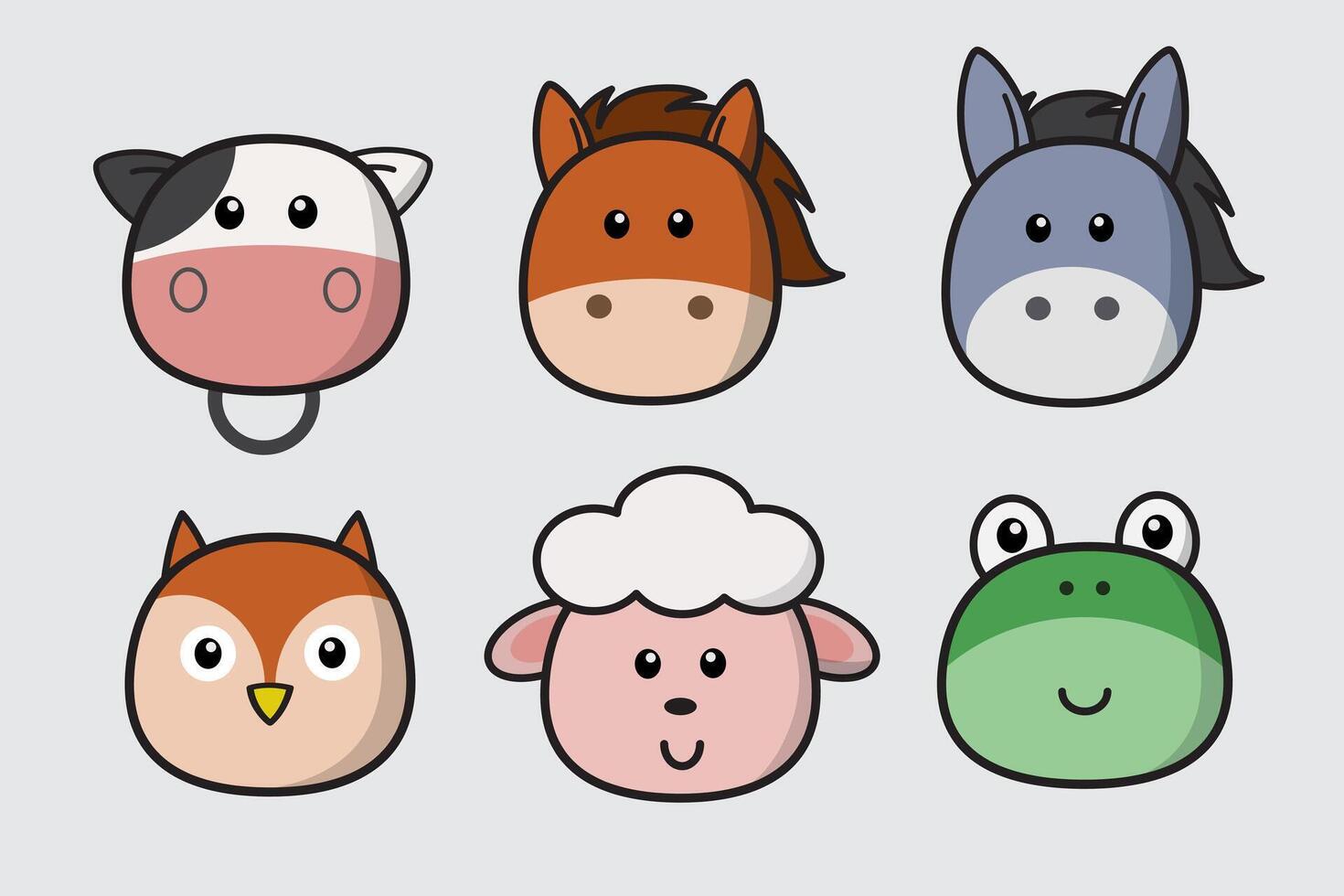 Set of cute animal head, Cartoon animal face, Cute and friendly wild animals drawing style, with cow, horse, donkey, owl, sheep, frog. design illustration. vector