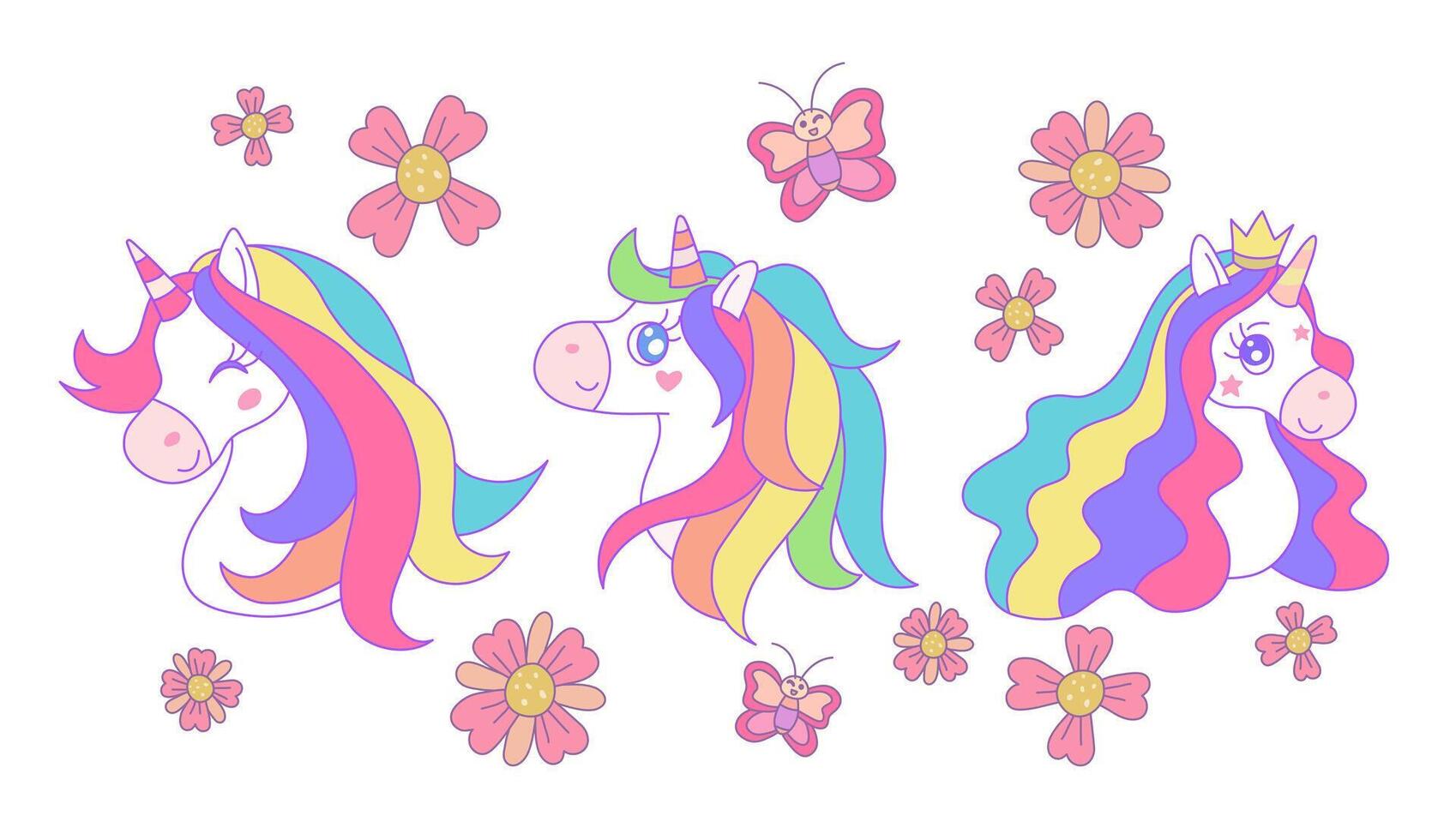 Set of cute unicorn head with flowers and butterflies, Cartoon pony face in fantasy style, Unicorn hand drawn doodles, design illustration. vector