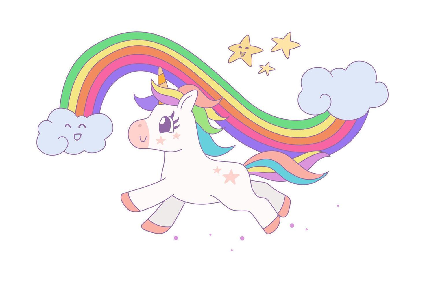 Cute unicorn running with rainbow and stars, Cartoon fantasy style, Unicorn hand drawn doodles, design illustration. vector