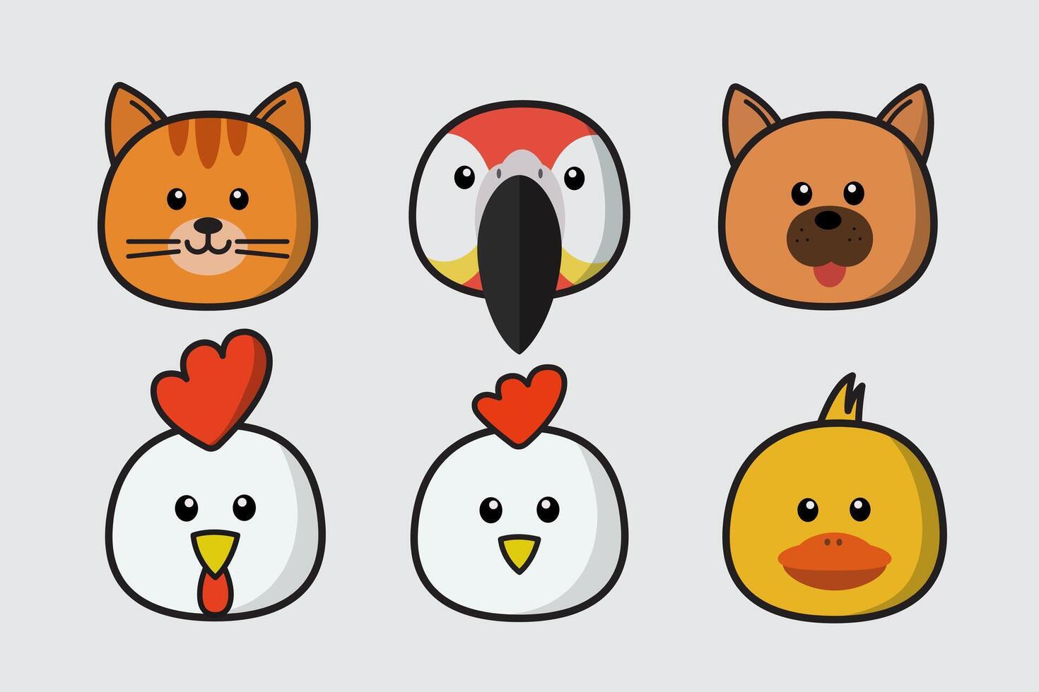 Set of cute animal head, Cartoon animal face, Cute and friendly wild animals drawing style, with cat, parrot, dog, rooster, hen, duck. design illustration. vector