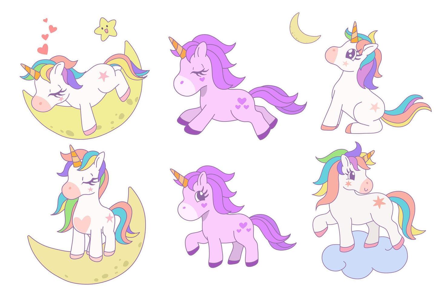 Cute collection of unicorn variety of poses and pony collection with magic items, Cartoon fantasy style, Unicorn hand drawn doodles, design illustration. vector