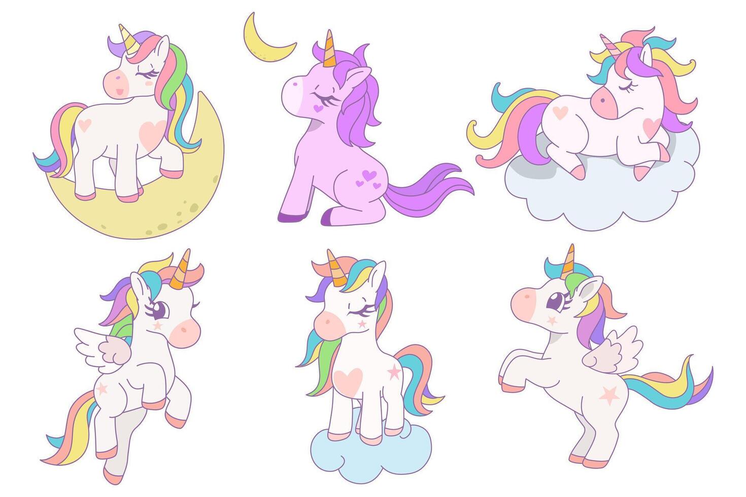 Cute collection of unicorn variety of poses and pony collection with magic items, Cartoon fantasy style, Unicorn hand drawn doodles, design illustration. vector
