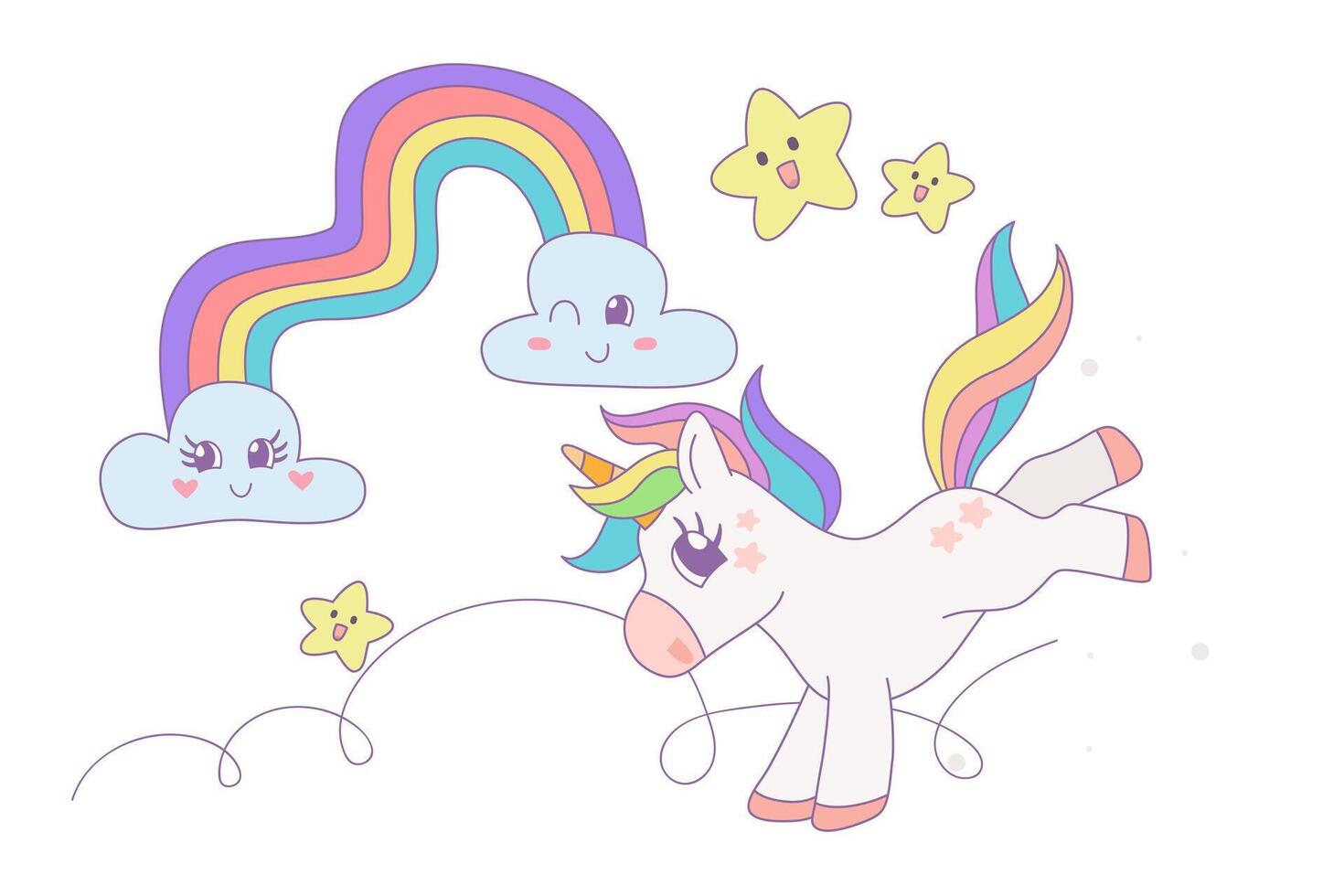 Cute unicorn running with rainbow and stars, Cartoon fantasy style, Unicorn hand drawn doodles, design illustration. vector