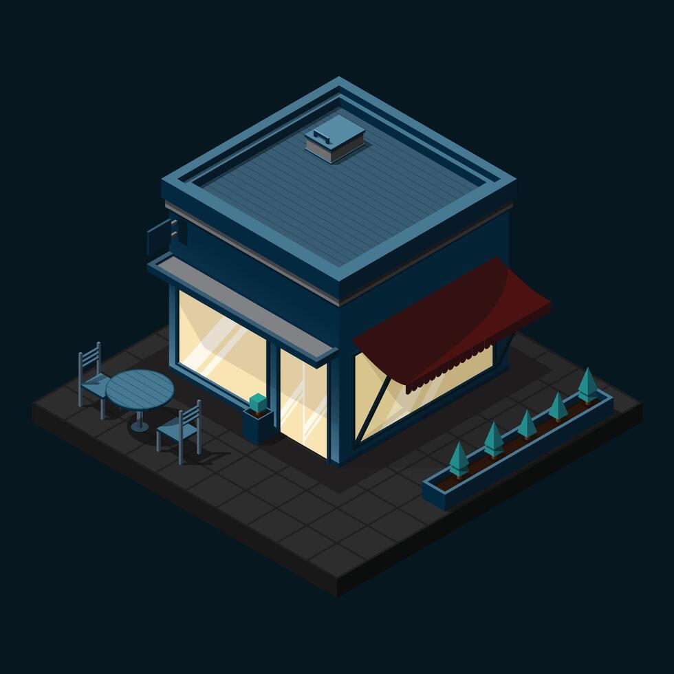 Isometric cafe building at night. Cafe building exterior. Cafe icon. Isometric shop or stores. illustration vector