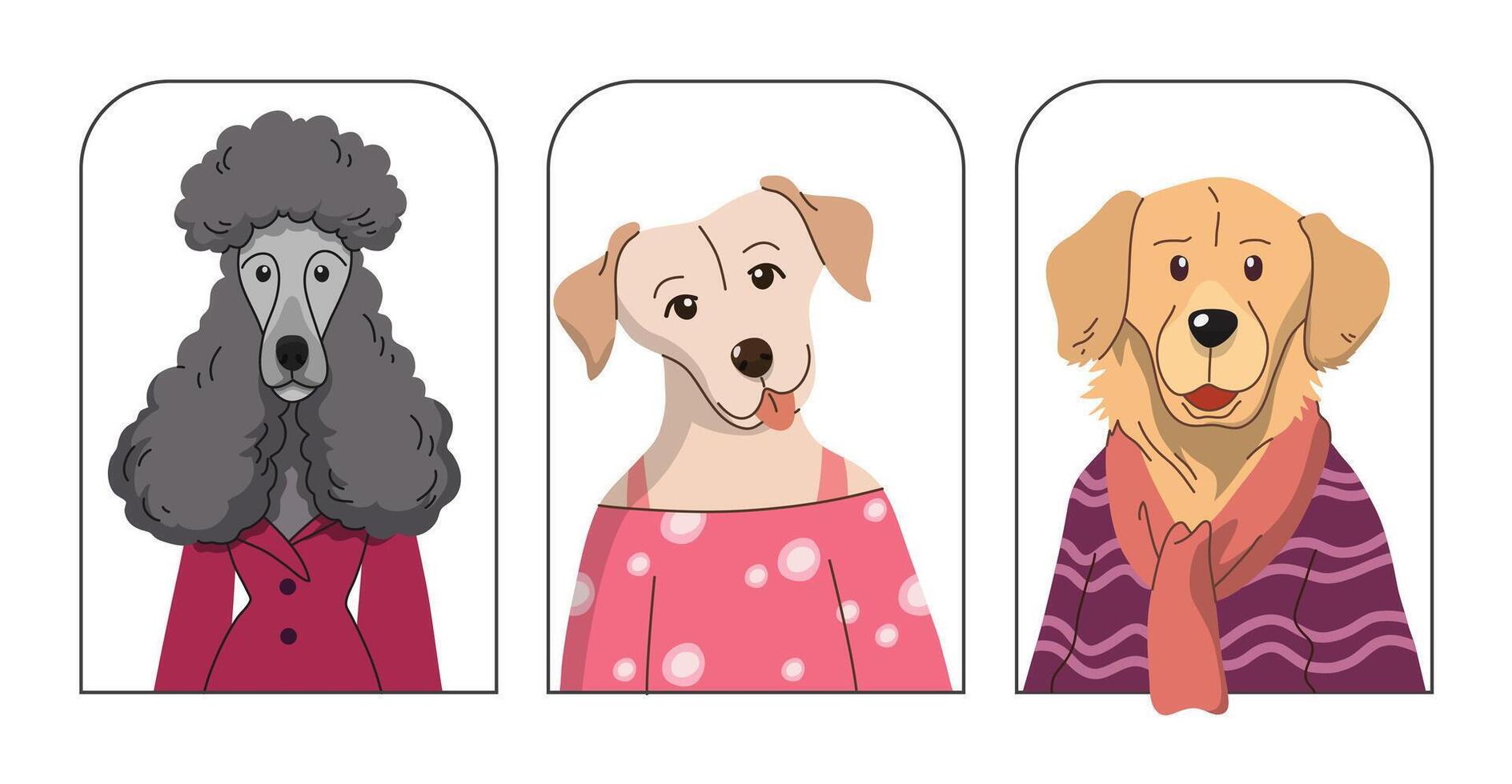 Set of cute dogs wearing clothes on white background, Cute and friendly pet in hand drawn style, with Golden retriever, Poodle, Labrador retriever. design illustration. vector