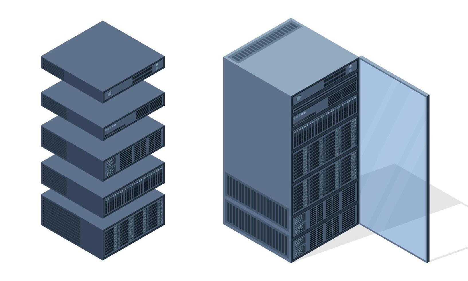 Isometric server. Server racks. Server boxes isolated. Network server room. Computer network technology. illustration vector