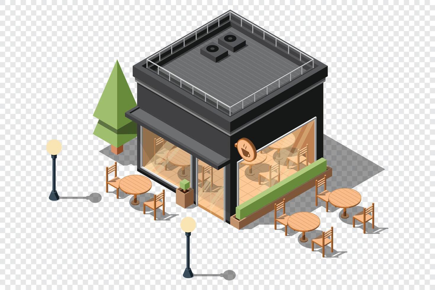 Isometric coffee shop. Isometric cafe building. Isometric exterior of coffee shop vector