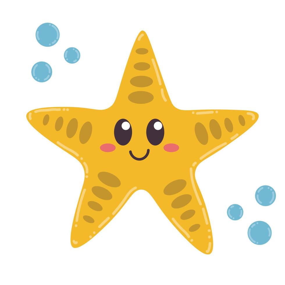 Cute cartoon happy sea star in flat style. Funny wild ocean animal isolated on white background. vector
