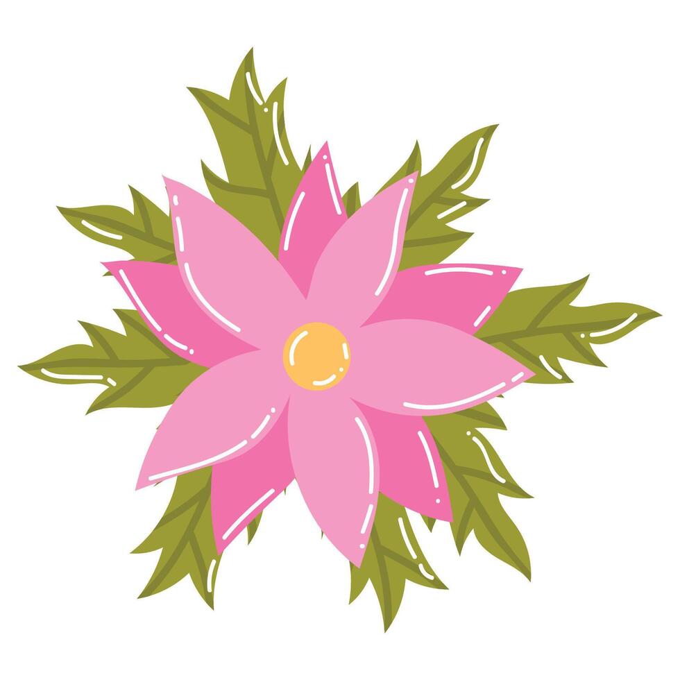 Cute cartoon pink flower with leaves in flat style. Tropical blooming plant isolated on white background. vector
