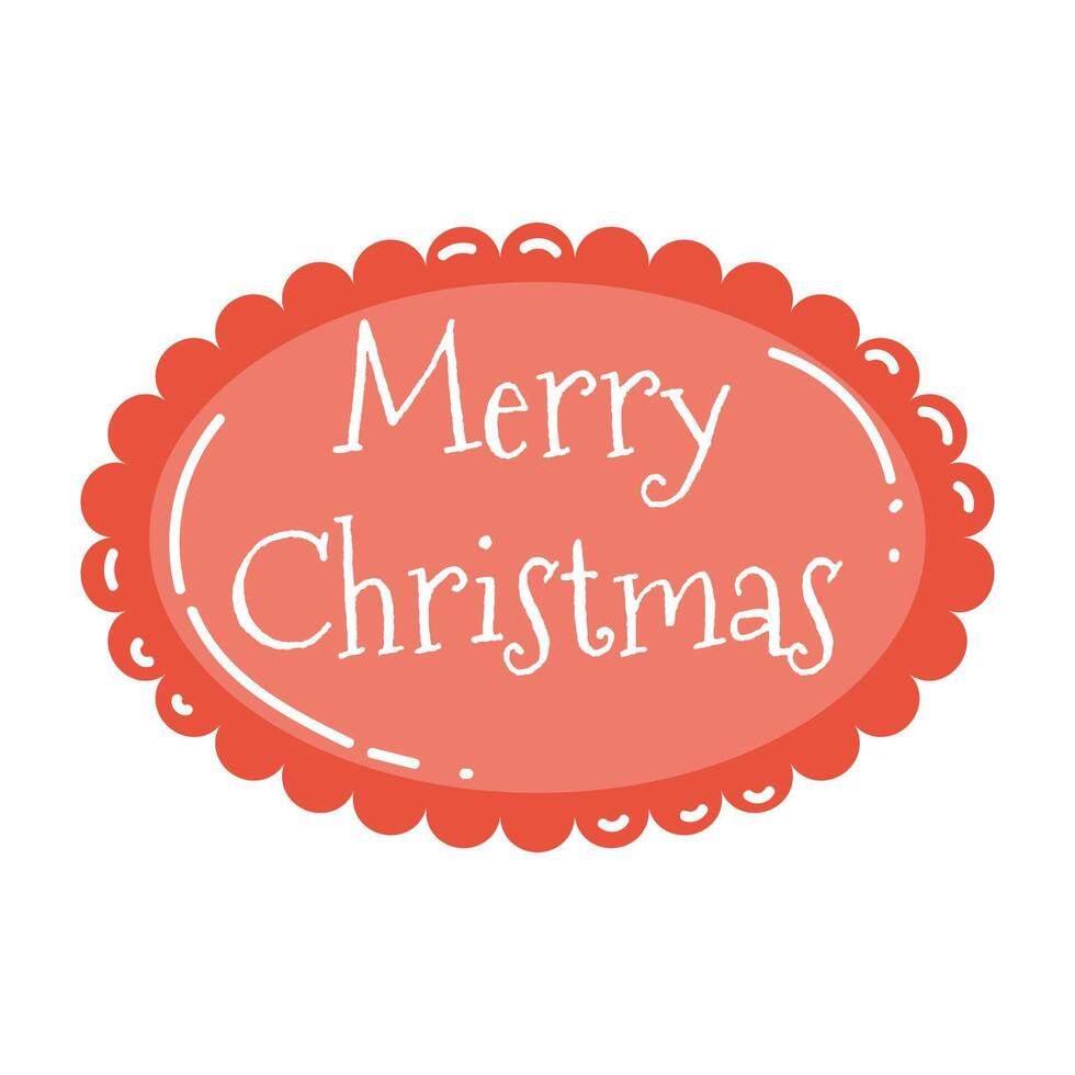 Cute cartoon red scalloped Merry Christmas frame or card with greeting words isolated on white background. vector