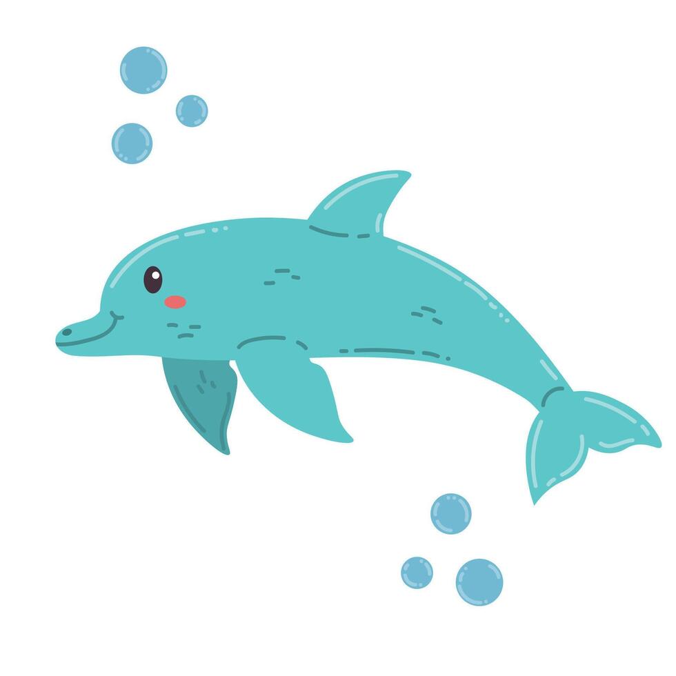 Cute cartoon happy dolphin in flat style. Cheerful wild sea animal isolated on white background. vector