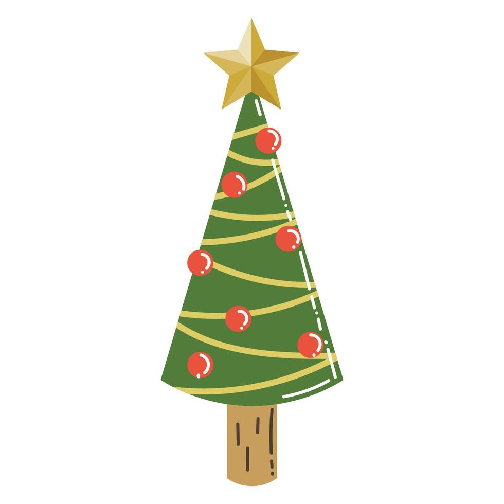 Cute cartoon Christmas tree with star and ball ornaments in flat style. Merry Christmas eve. vector