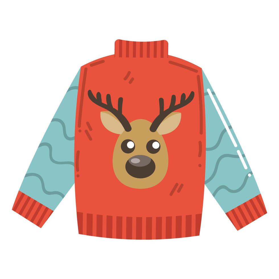 Cute cartoon red Christmas sweater with deer head in flat style. vector