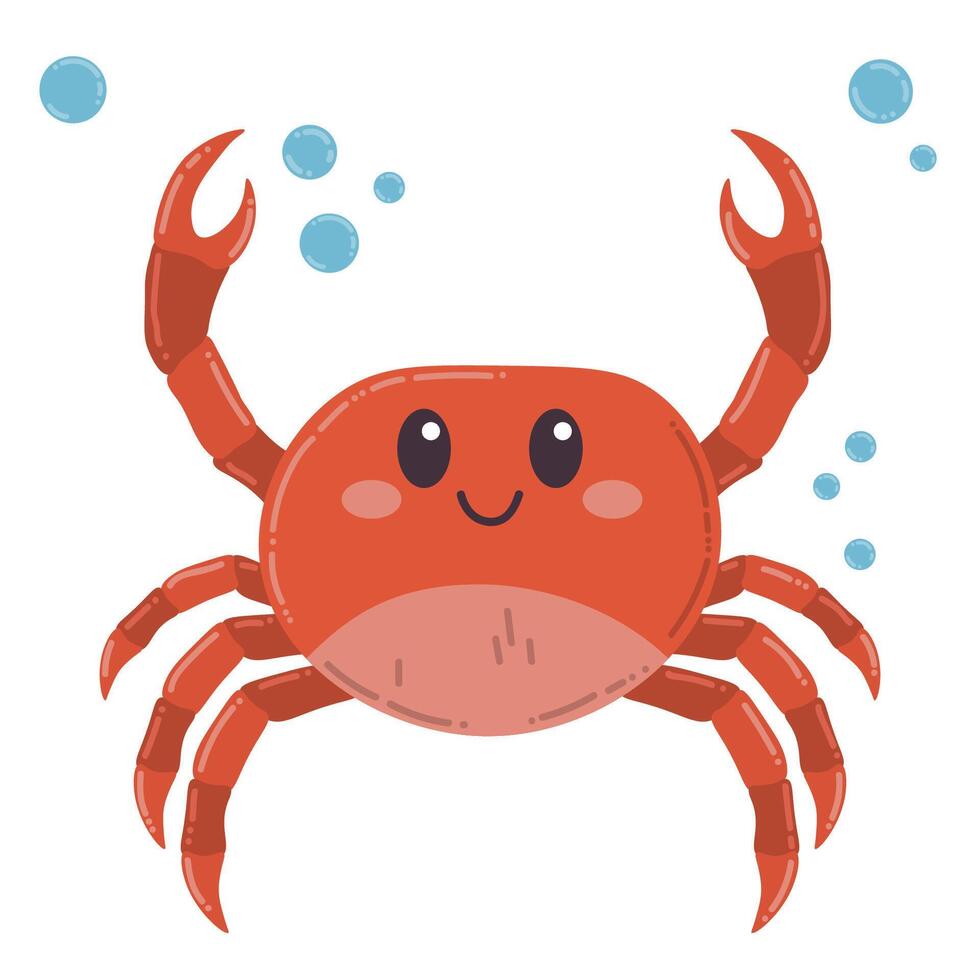 Cute cartoon happy red sea crab in flat style isolated on white background. Cheerful wild ocean animal. vector