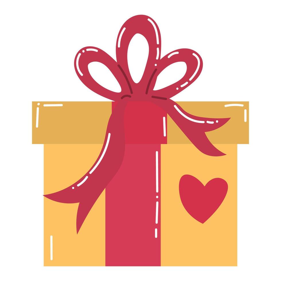 Cute cartoon gift box with ribbon and bow in flat style. Happy Valentines day surprise. vector