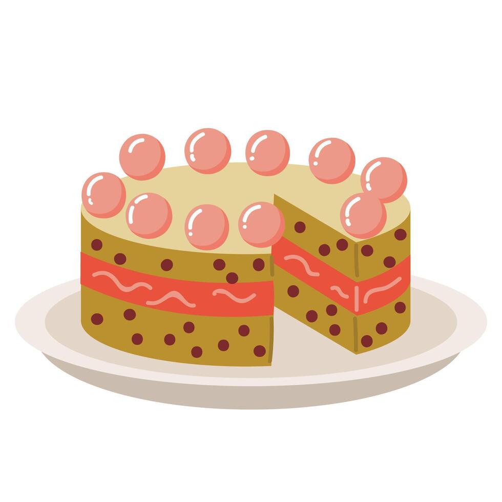 Cute cartoon Merry Christmas cake with little pink sweet balls in flat style. Biscuit cake with cream for Happy New Year celebration. vector