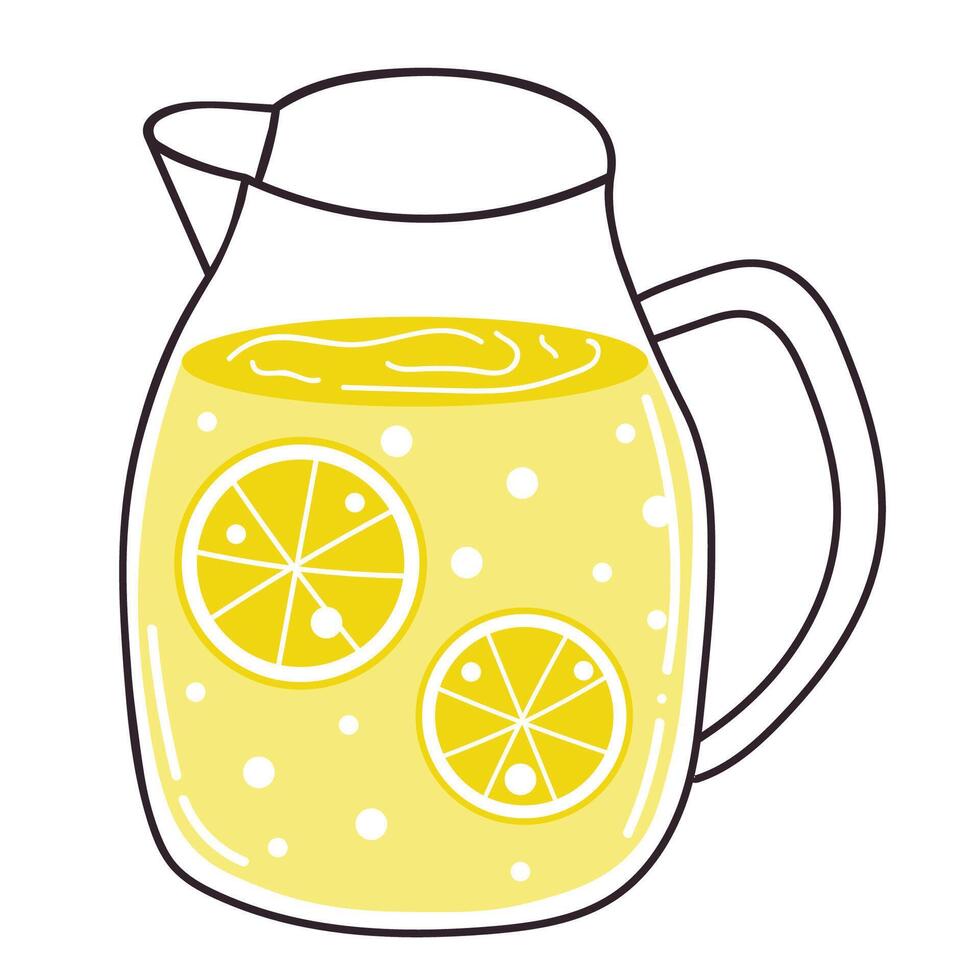 Cute cartoon jug of lemonade in flat style. Lemon juice summer drink isolated on white background. vector