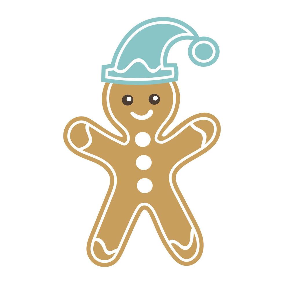 Cute cartoon happy gingerbread cookie boy in the cap in flat style. Merry Christmas decoration. vector