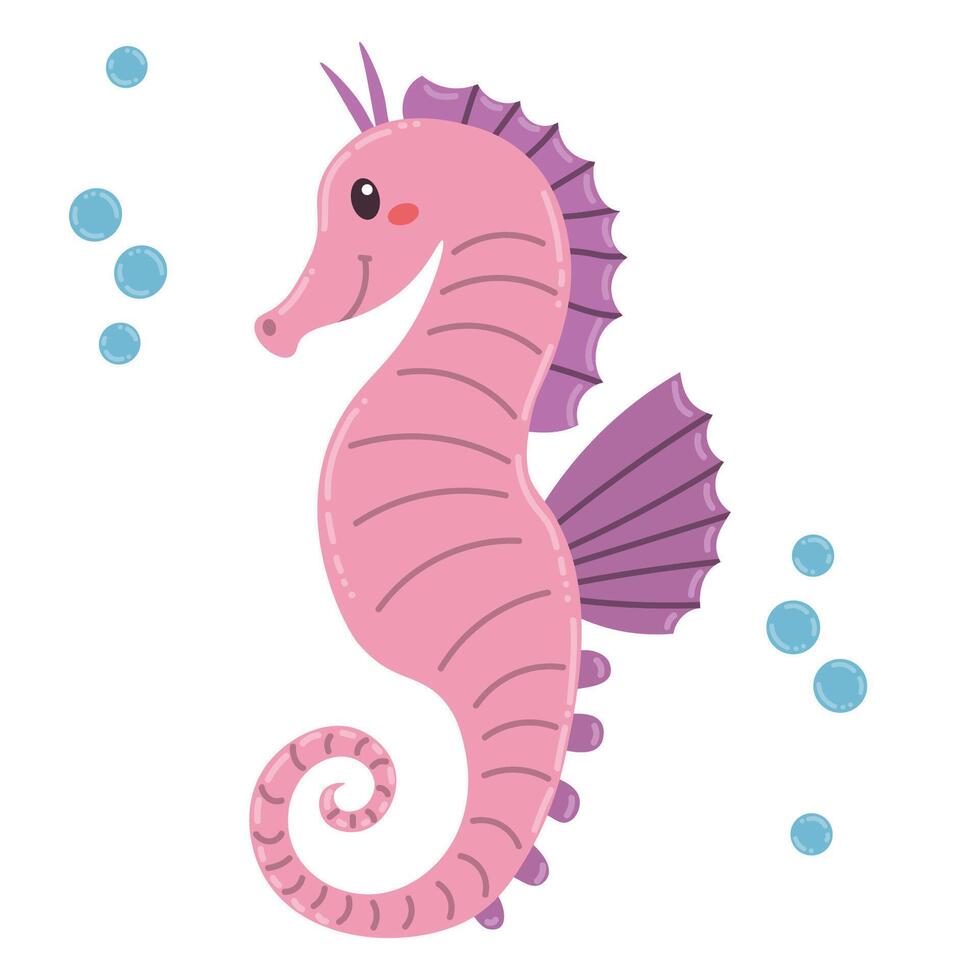Cute cartoon sea horse in flat style isolated on white background. Cheerful small marine bony fish. vector