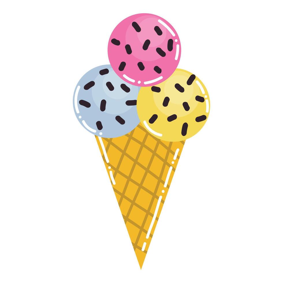Cute cartoon ice cream with balls in flat style. Sweet cold dessert isolated on white background. vector