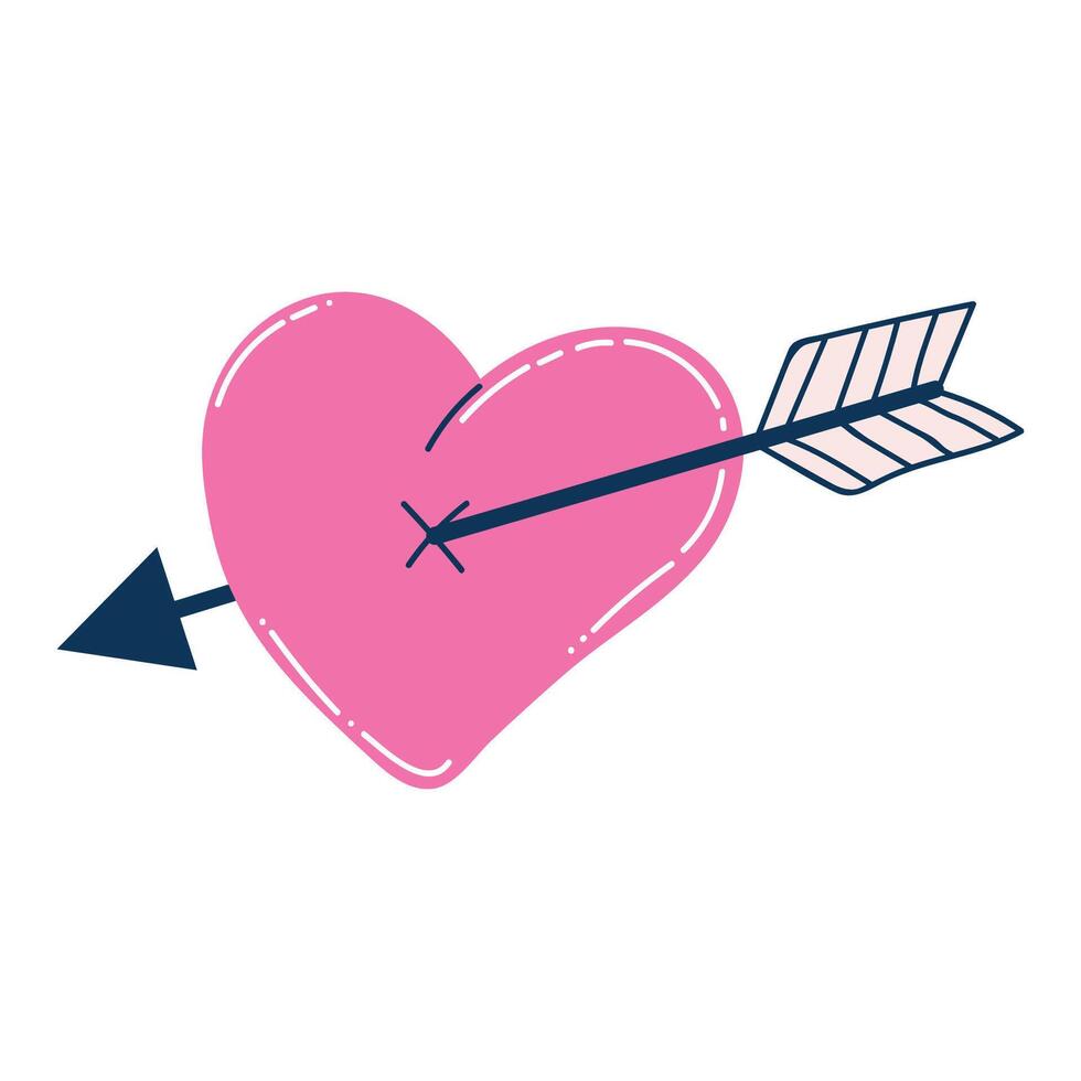 Cute cartoon heart pierced by an arrow of Cupid in flat style. Fall in love concept. vector