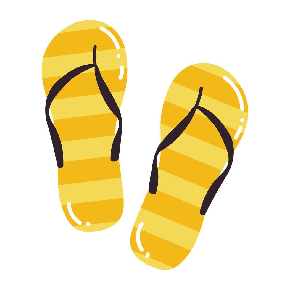 Cute cartoon yellow striped flip flops in flat style. Beach shoes isolated on white background. vector