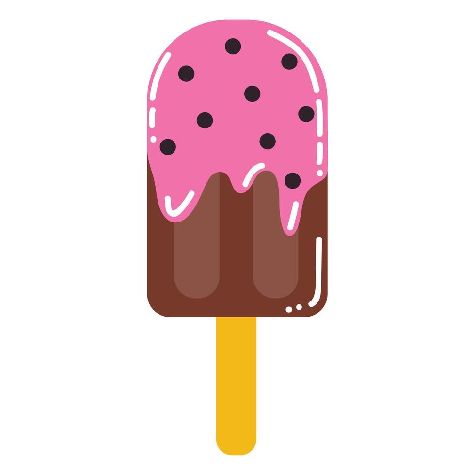Cute cartoon ice cream on a stick in flat style. summer melting ice cream isolated on white background. vector