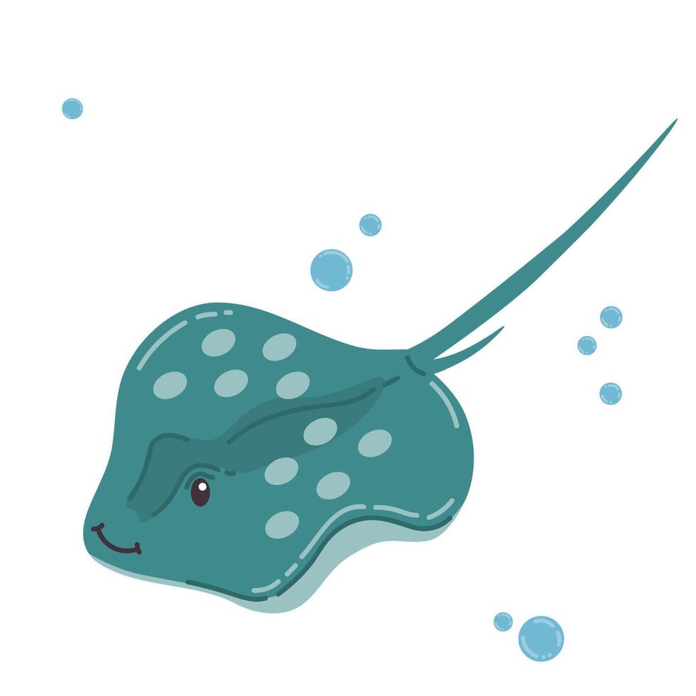 Cute cartoon stingray in flat style isolated on white background. Happy sea animal. vector