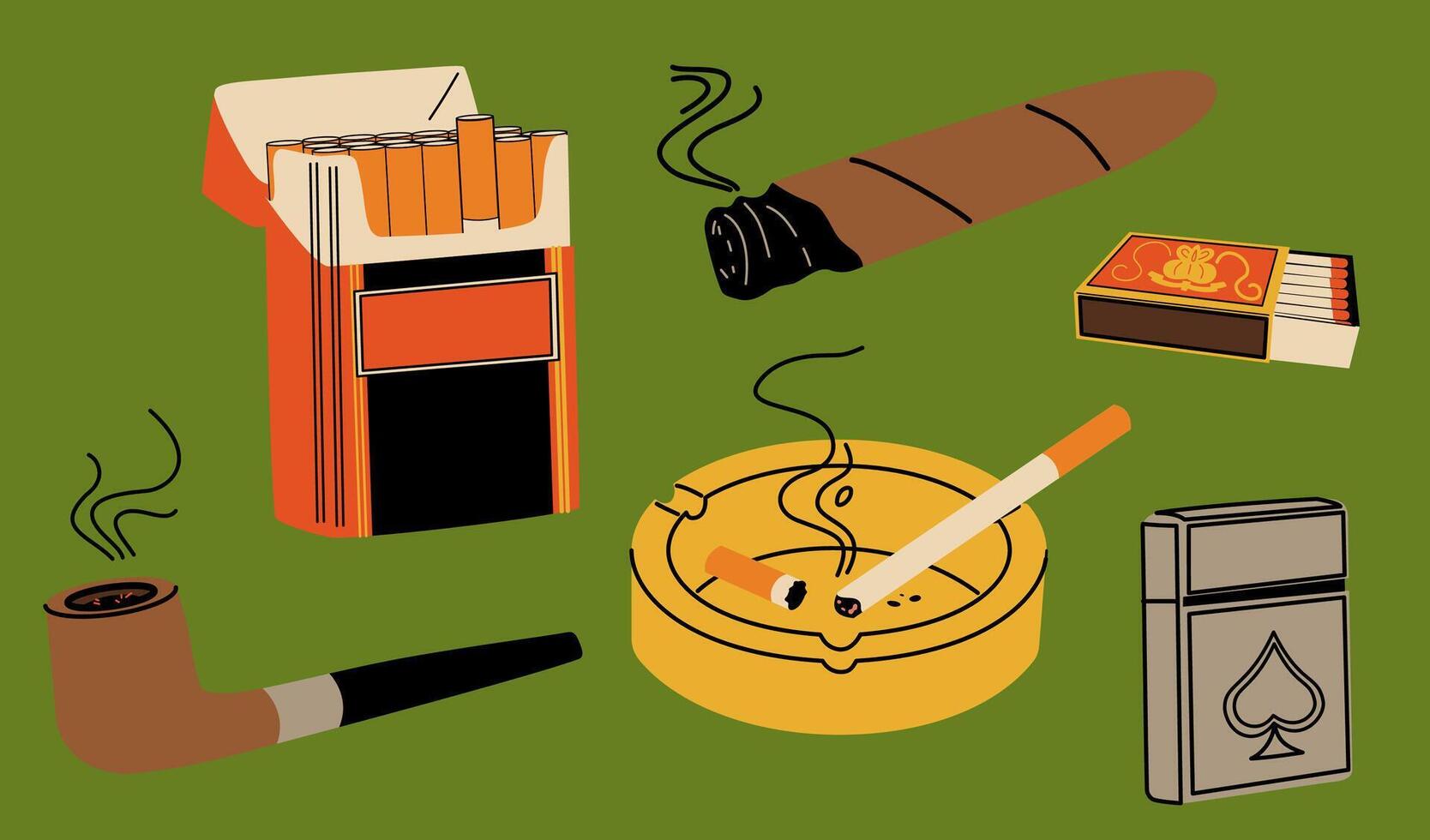 A set of tobacco smoking. Cigarettes, smoking pipe, ashtray, lighter. vector