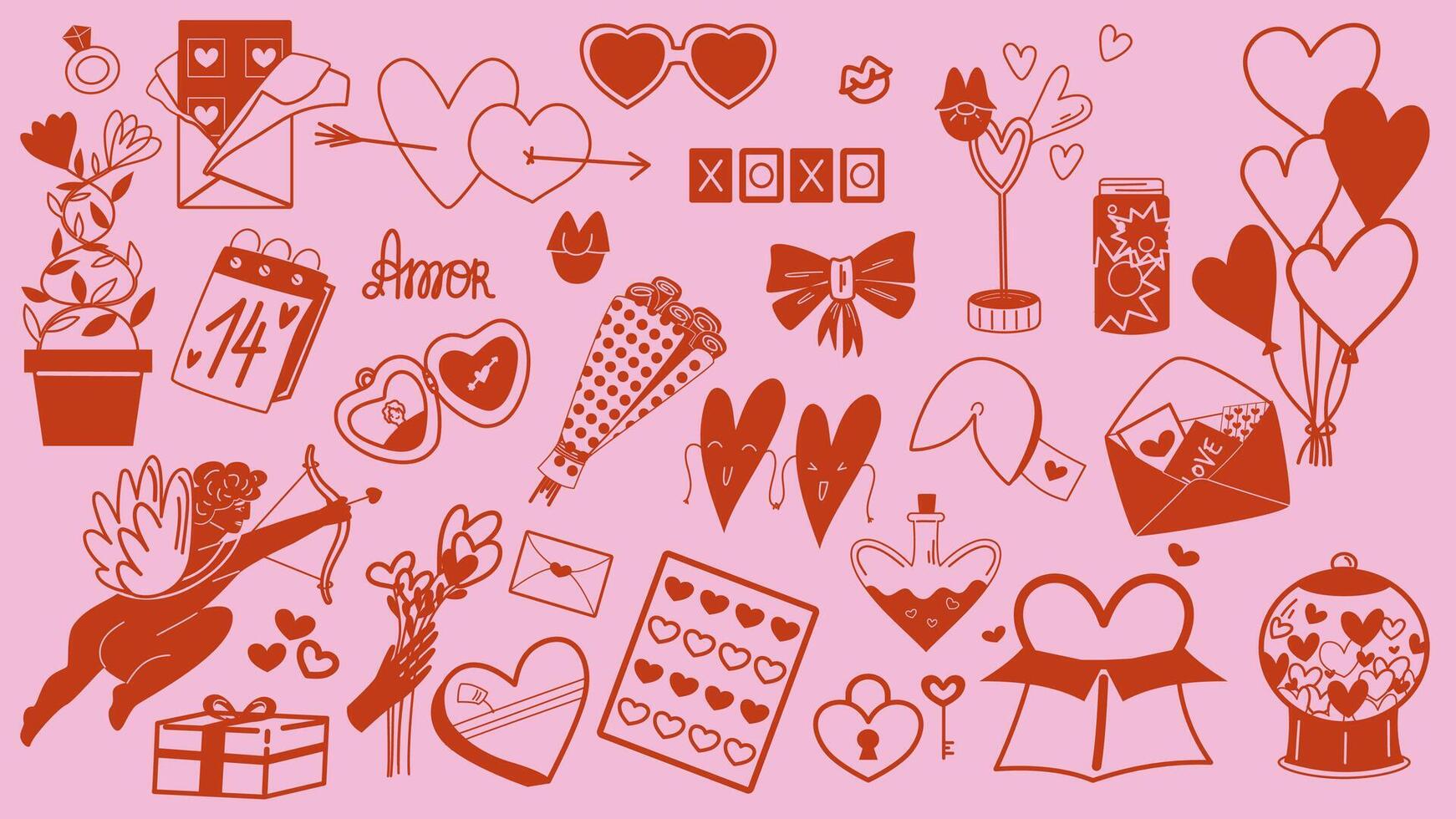 Romantic elements of Valentine's day in retro style. Outline illustration. vector