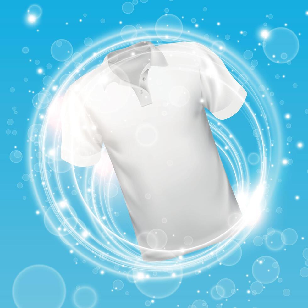 White polo tshirt washing in water with soap bubble and Providing whiteness and deep clean. vector