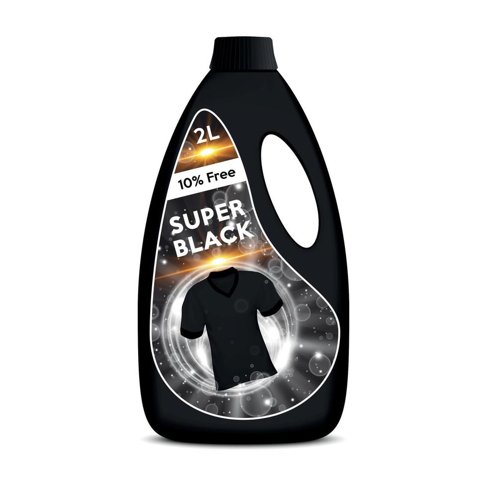 White plastic bottle on the white background for liquid laundry detergent, cleaning agent, bleach for fabric with label. vector
