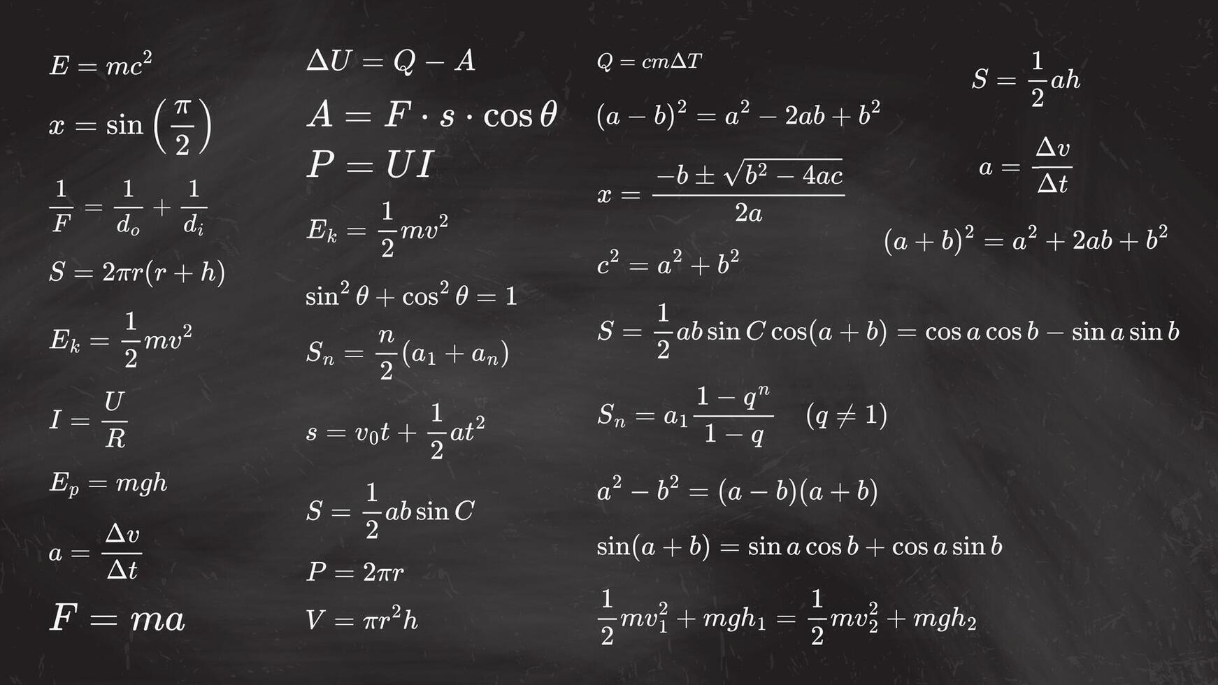 Set of essential math and physics formulas isolated on school blackboard. Key concept in math, physics, mechanics, thermodynamics, and electricity vector