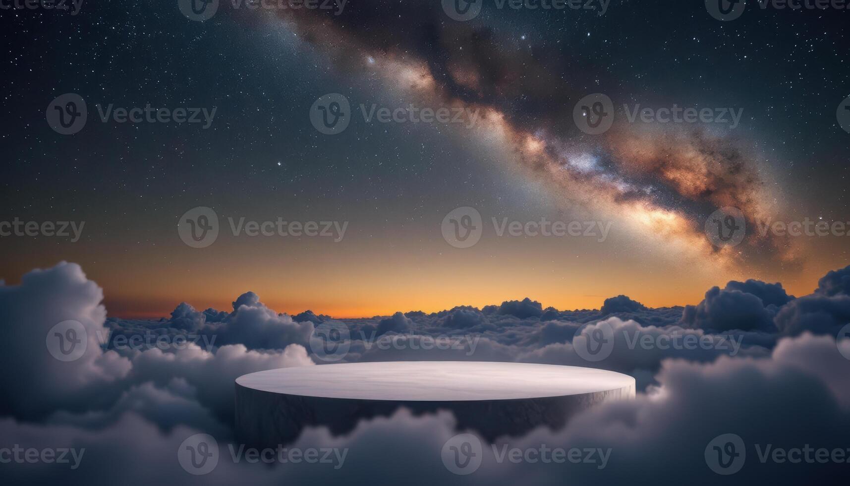A white table in the middle of the clouds with the milky way in the background photo