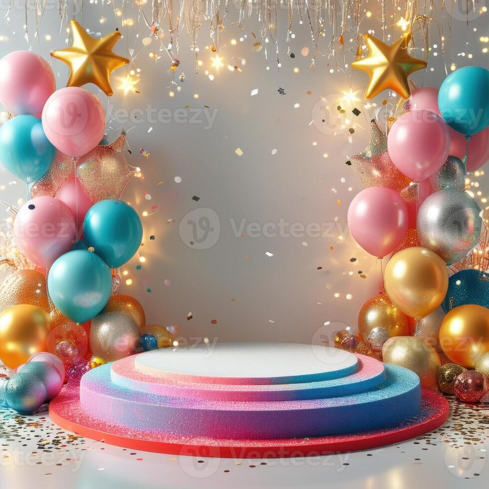 A stage with balloons and confetti photo