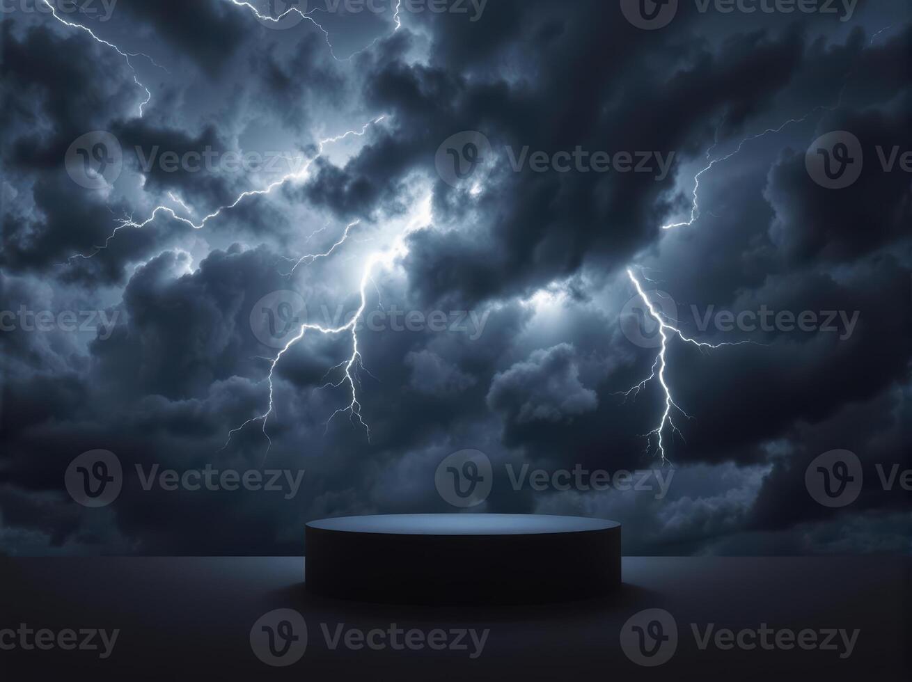 An empty podium with lightning and clouds in the background photo