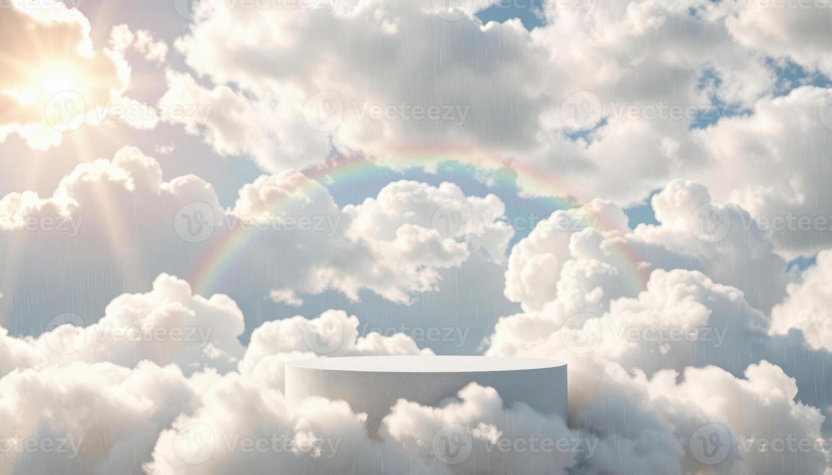 Clouds and rainbow over the sky with a white platform photo