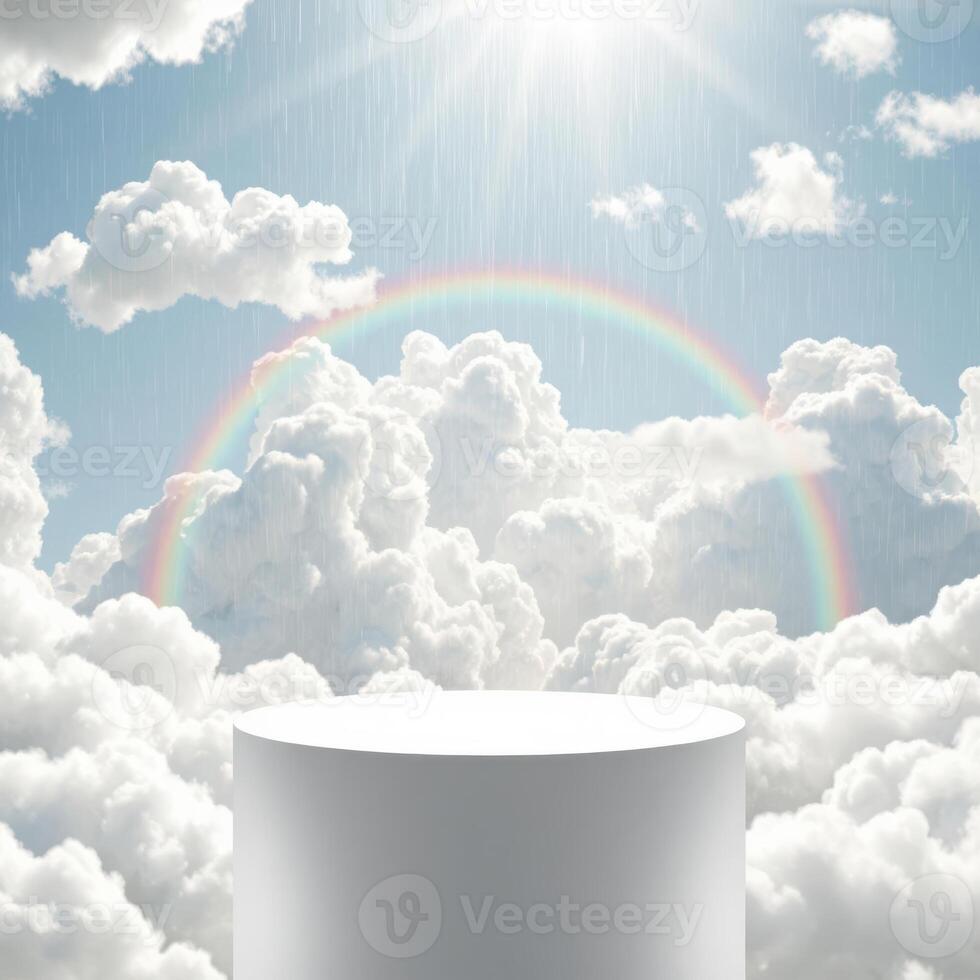Clouds and rainbow over a white pedestal with a rainbow in the sky photo