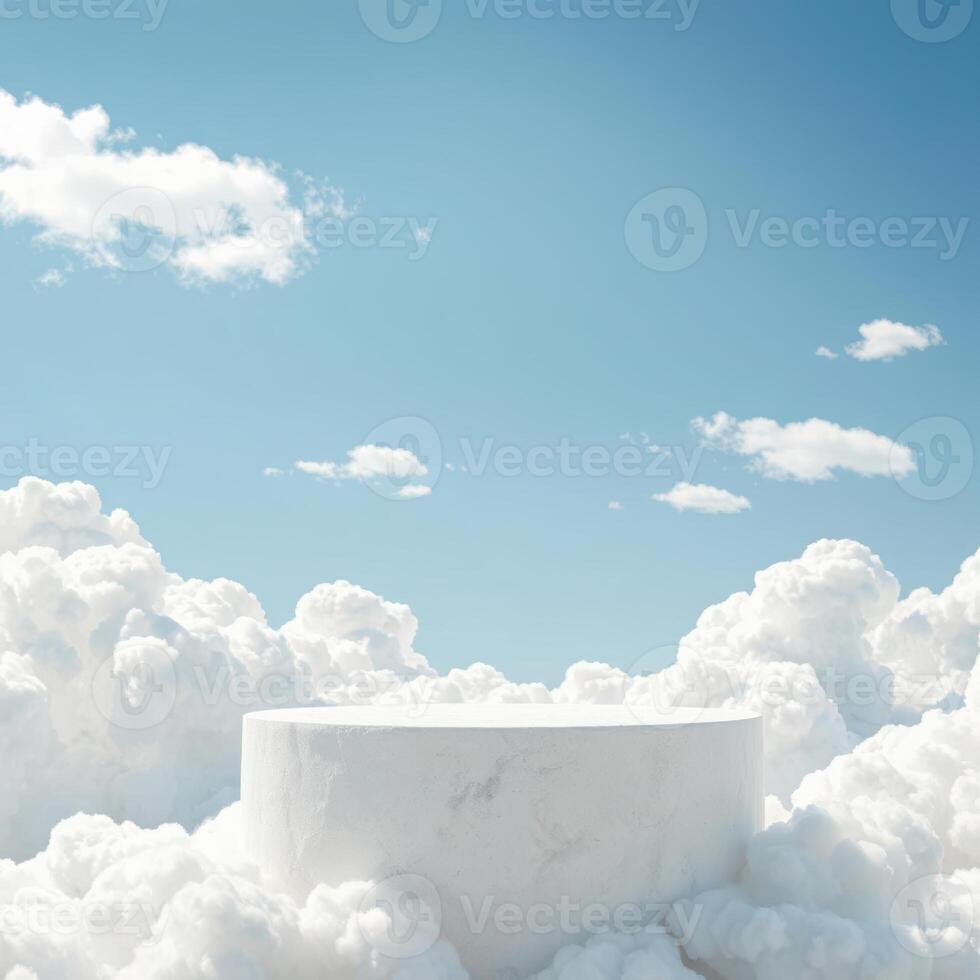 White marble pedestal in the clouds with blue sky background photo