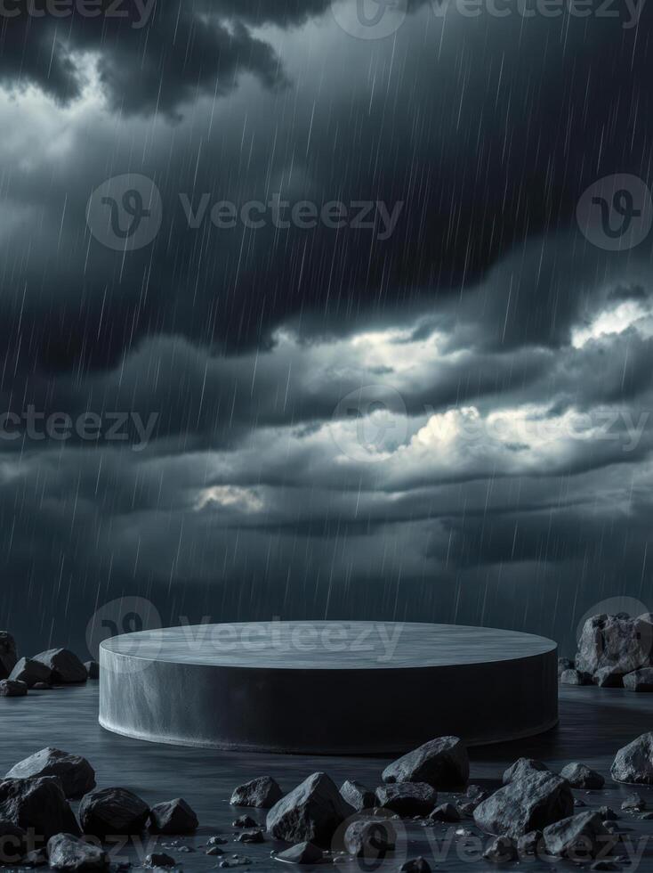 An empty stage with a stormy sky and rain photo