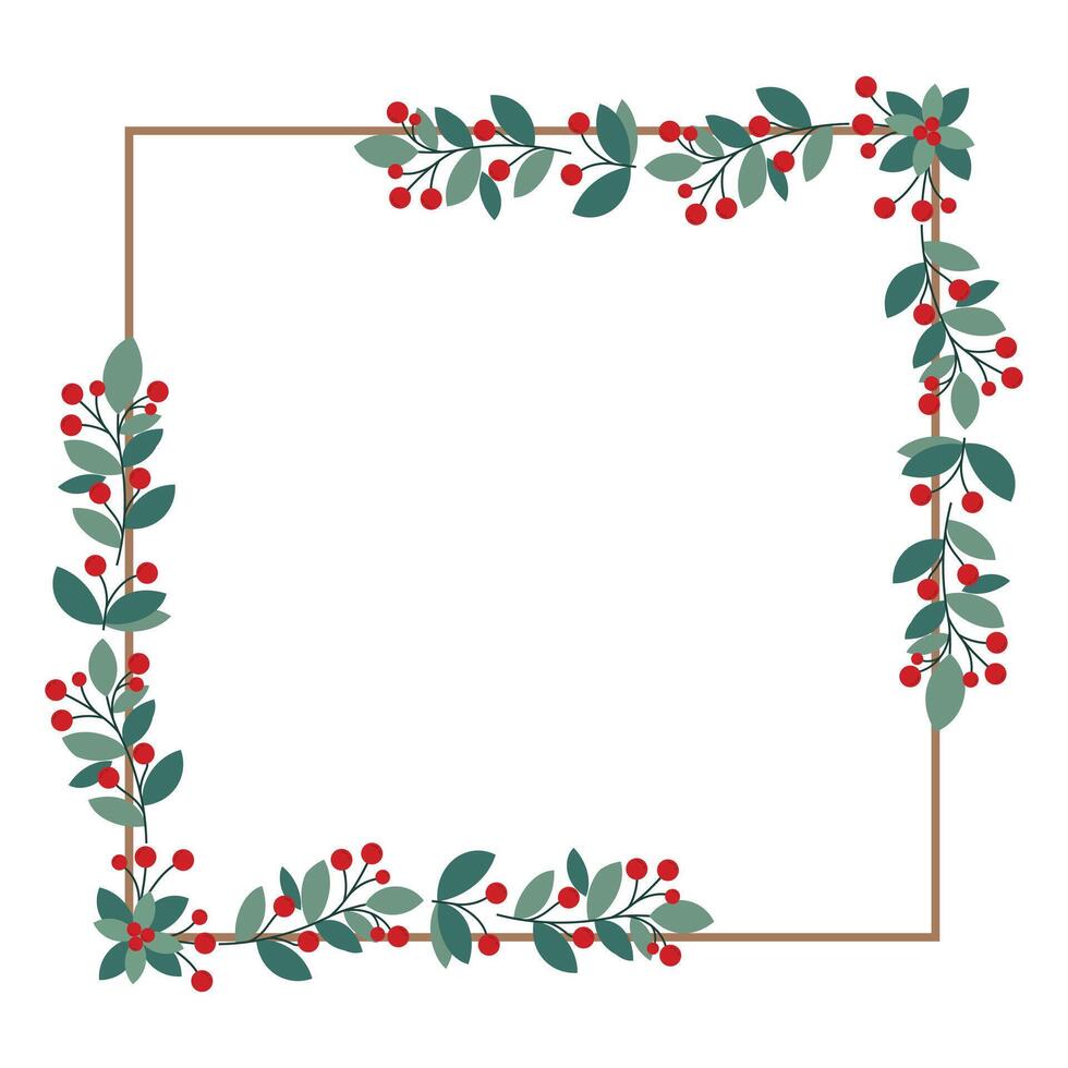 Square Wreath Or Frame With Red Cherry Berries And Green Leaves vector