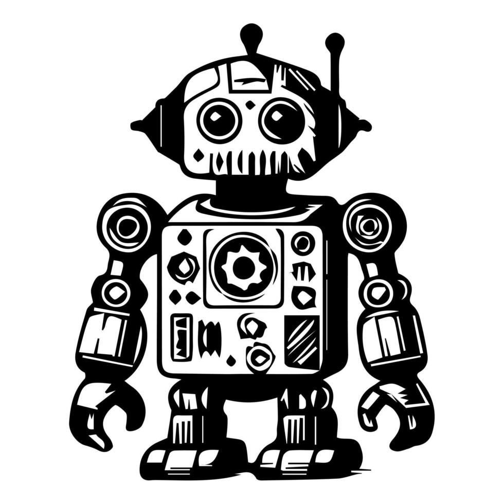 Robot Icon Hand drawn illustration black and white vector