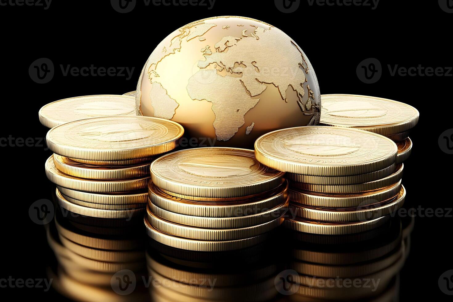 Golden globe rests on stacks of coins. photo
