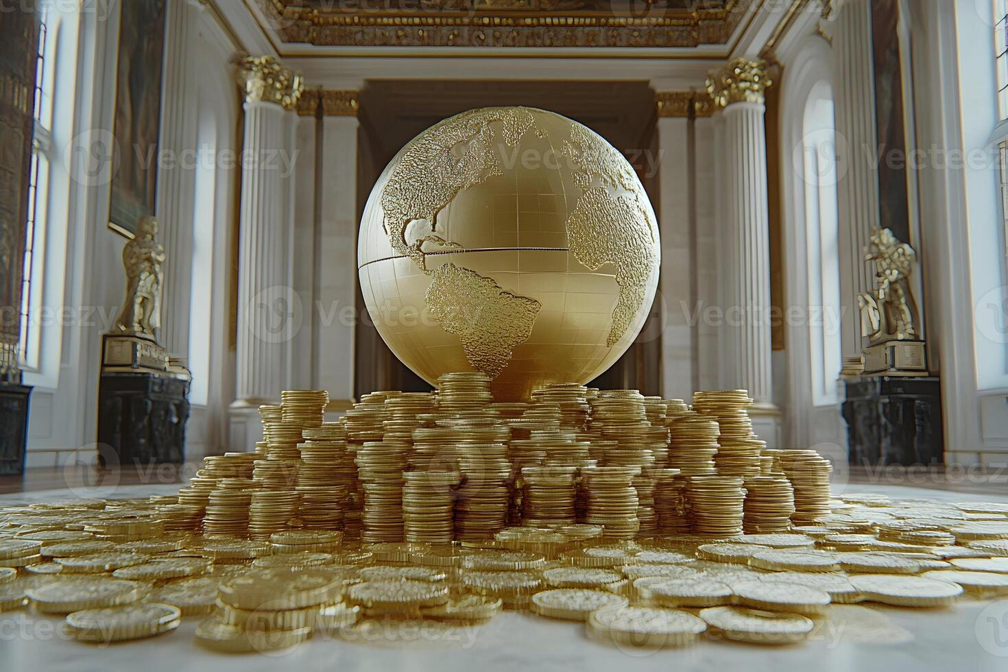 Golden globe rests on a large pile of gold coins in a grand hall. photo
