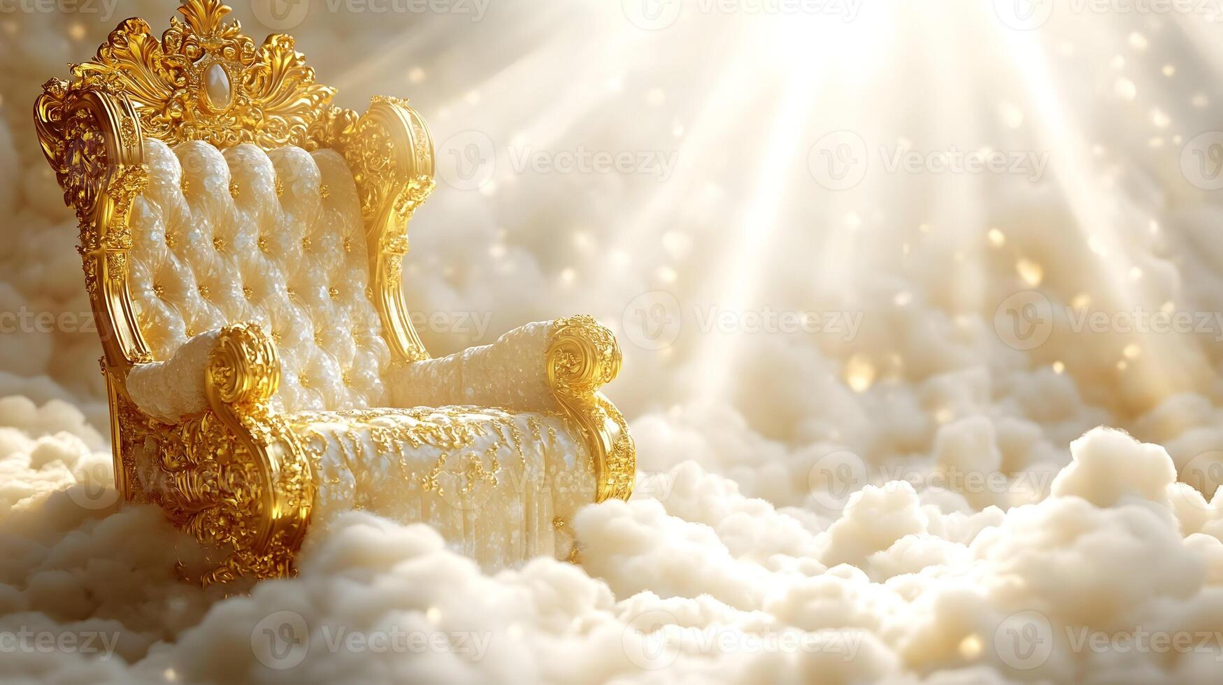 Golden throne on clouds, sun rays. photo