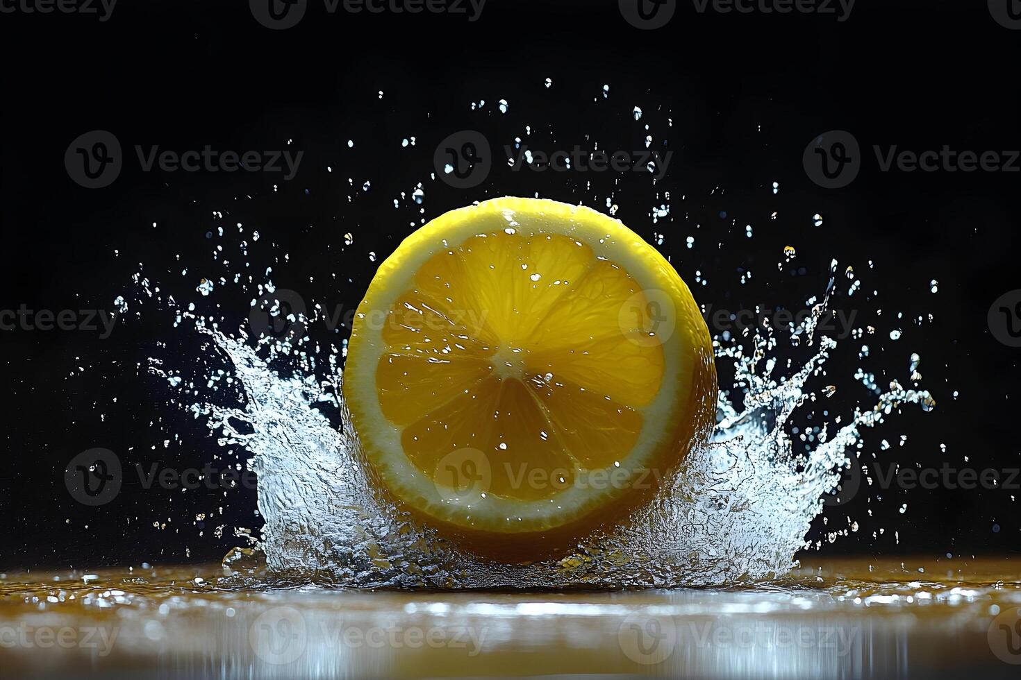 Halved lemon splashing into water, dark background. photo