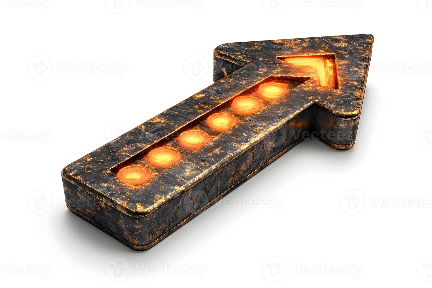 Grunge metallic arrow pointing upward with glowing lights. photo